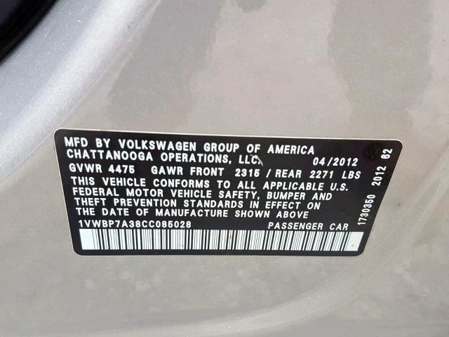 1VWBP7A38CC085028 - 2012 VOLKSWAGEN PASSAT SE SILVER photo 10