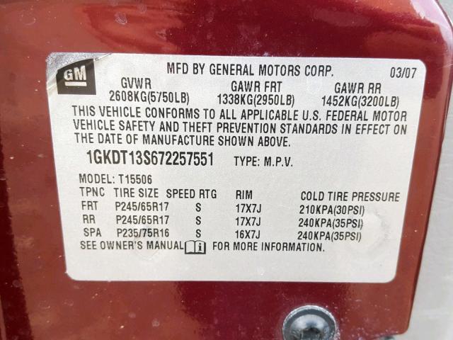 1GKDT13S672257551 - 2007 GMC ENVOY BURGUNDY photo 10