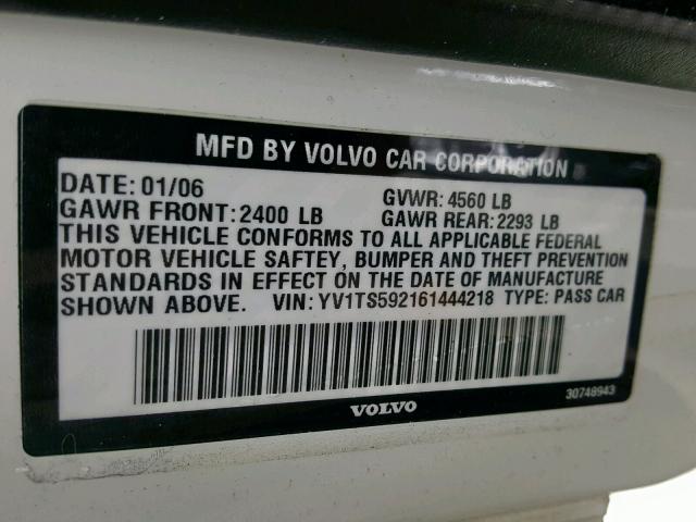 YV1TS592161444218 - 2006 VOLVO S80 2.5T WHITE photo 10