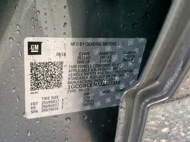 1GCGSCEN7J1327313 - 2018 CHEVROLET COLORADO L GRAY photo 10