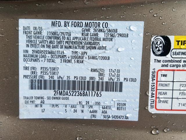 2FMDA52236BA11765 - 2006 FORD FREESTAR S TAN photo 10