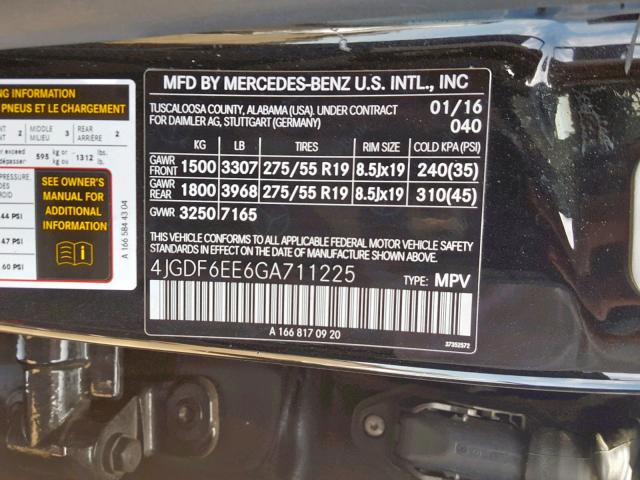 4JGDF6EE6GA711225 - 2016 MERCEDES-BENZ GL 450 4MA BLACK photo 10