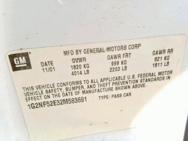 1G2NF52E32M583691 - 2002 PONTIAC GRAND AM S WHITE photo 10