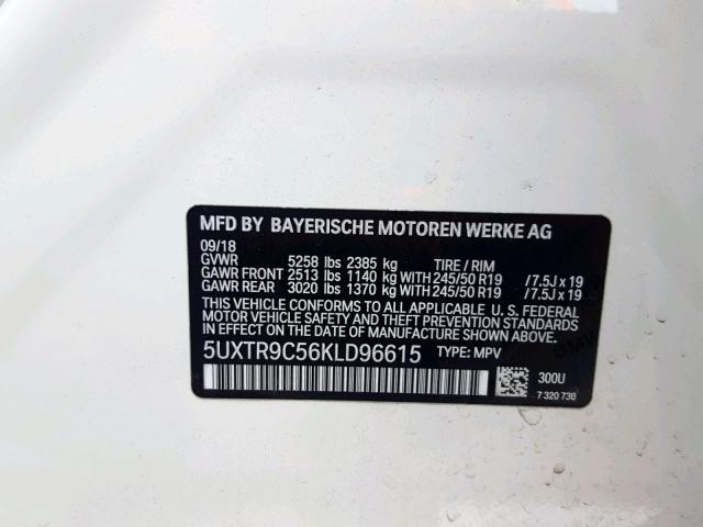 5UXTR9C56KLD96615 - 2019 BMW X3 XDRIVE3 WHITE photo 10