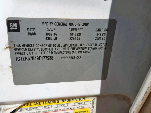 1G1ZH57B19F177938 - 2009 CHEVROLET MALIBU 1LT WHITE photo 10