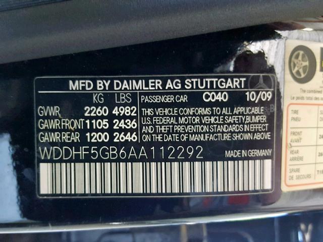 WDDHF5GB6AA112292 - 2010 MERCEDES-BENZ E 350 BLACK photo 10