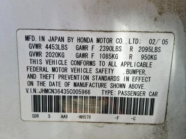 JHMCN36435C005966 - 2005 HONDA ACCORD HYB WHITE photo 10