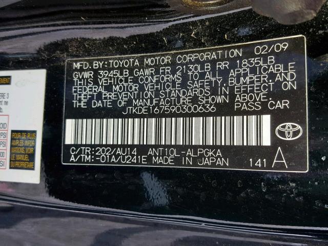 JTKDE167590300636 - 2009 TOYOTA SCION TC BLACK photo 10