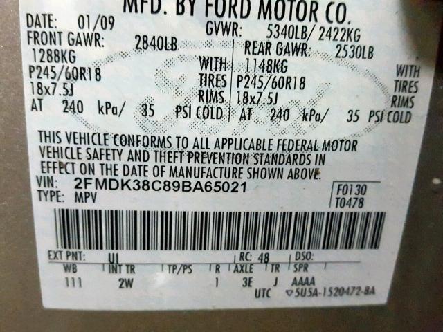 2FMDK38C89BA65021 - 2009 FORD EDGE SEL SILVER photo 10