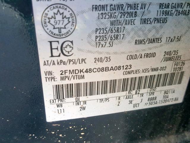 2FMDK48C08BA08123 - 2008 FORD EDGE SEL BLUE photo 10