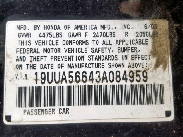 19UUA56643A084959 - 2003 ACURA 3.2TL BLACK photo 10