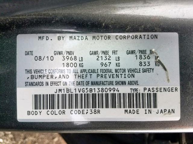 JM1BL1VG5B1380994 - 2011 MAZDA 3 I GRAY photo 10