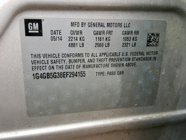 1G4GB5G38EF294155 - 2014 BUICK LACROSSE SILVER photo 10