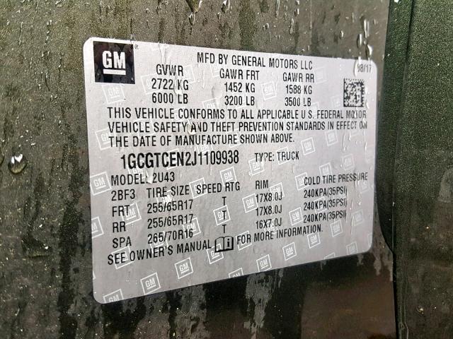 1GCGTCEN2J1109938 - 2018 CHEVROLET COLORADO L GREEN photo 10