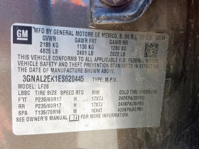 3GNAL2EK1ES620445 - 2014 CHEVROLET CAPTIVA LS 金色 照片 10