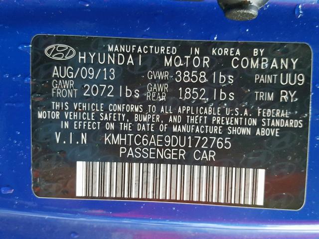 KMHTC6AE9DU172765 - 2013 HYUNDAI VELOSTER T BLUE photo 10