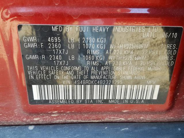 4S4BRDKC4B2321295 - 2011 SUBARU OUTBACK 3. RED photo 10