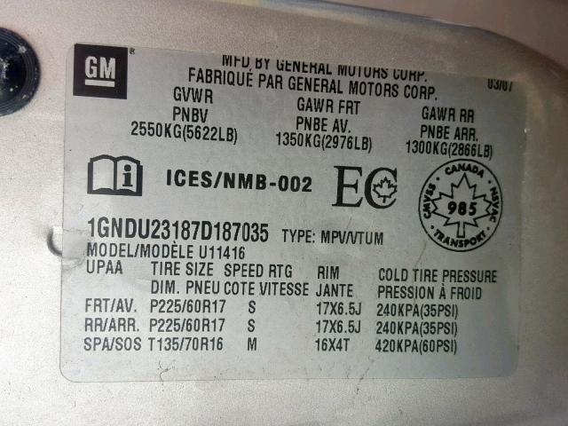 1GNDU23187D187035 - 2007 CHEVROLET UPLANDER L 银色 照片 10