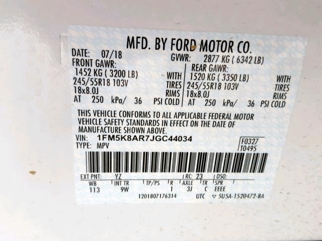 1FM5K8AR7JGC44034 - 2018 FORD EXPLORER P WHITE photo 10