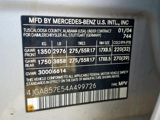 4JGAB57E54A499726 - 2004 MERCEDES-BENZ ML 350 SILVER photo 10