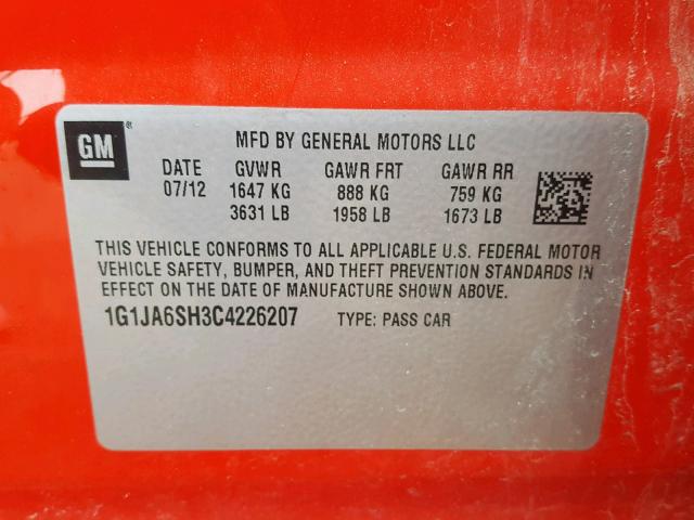 1G1JA6SH3C4226207 - 2012 CHEVROLET SONIC LS RED photo 10