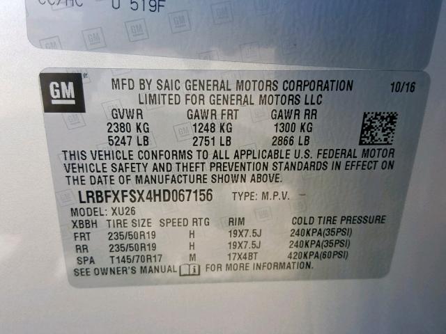 LRBFXFSX4HD067156 - 2017 BUICK ENVISION P SILVER photo 10