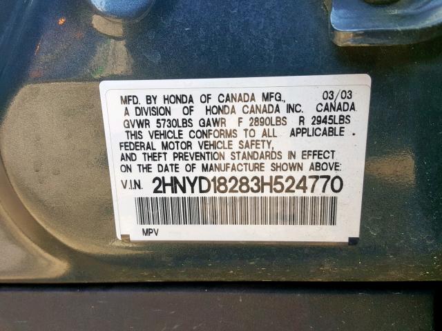 2HNYD18283H524770 - 2003 ACURA MDX GRAY photo 10