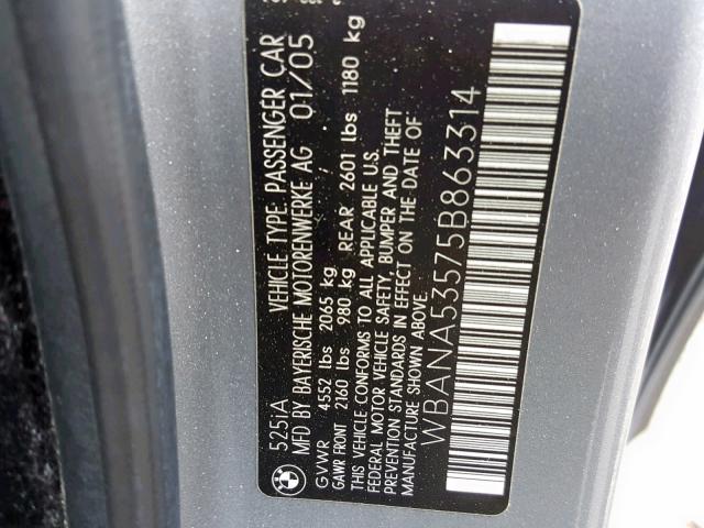 WBANA53575B863314 - 2005 BMW 525 I GRAY photo 10