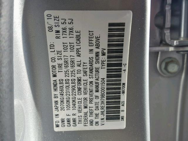 JHLRE3H79BC001504 - 2011 HONDA CR-V EXL SILVER photo 10