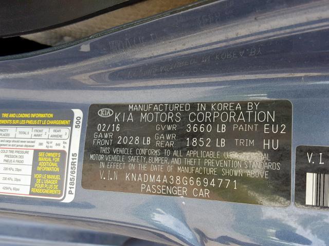 KNADM4A38G6694771 - 2016 KIA RIO LX BLUE photo 10