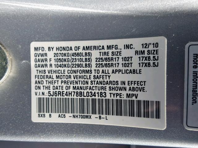 5J6RE4H78BL034183 - 2011 HONDA CR-V EXL SILVER photo 10