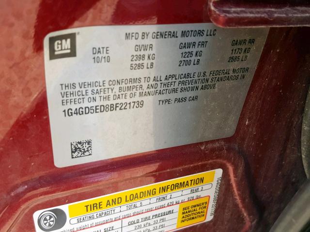 1G4GD5ED8BF221739 - 2011 BUICK LACROSSE C RED photo 10