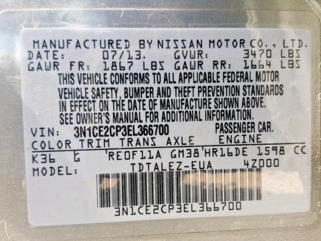 3N1CE2CP3EL366700 - 2014 NISSAN VERSA NOTE SILVER photo 10