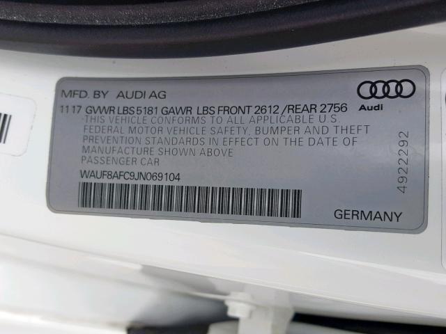 WAUF8AFC9JN069104 - 2018 AUDI A6 PREMIUM WHITE photo 10