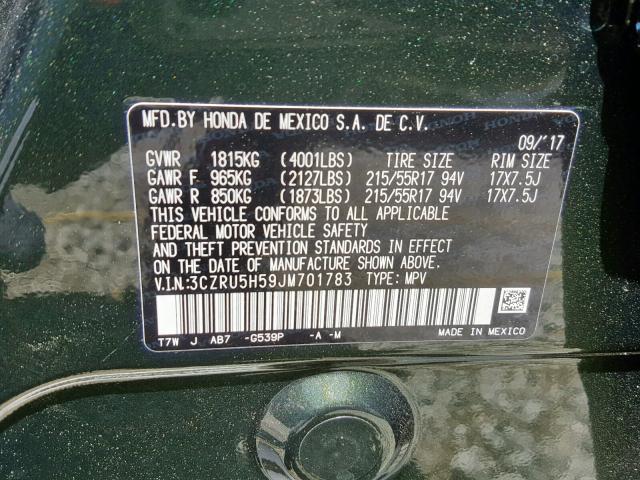 3CZRU5H59JM701783 - 2018 HONDA HR-V EX GREEN photo 10