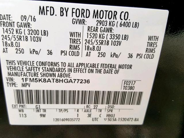 1FM5K8AT8HGA77236 - 2017 FORD EXPLORER P BLACK photo 10