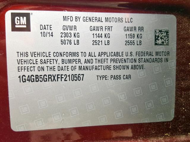 1G4GB5GRXFF210567 - 2015 BUICK LACROSSE BURGUNDY photo 10