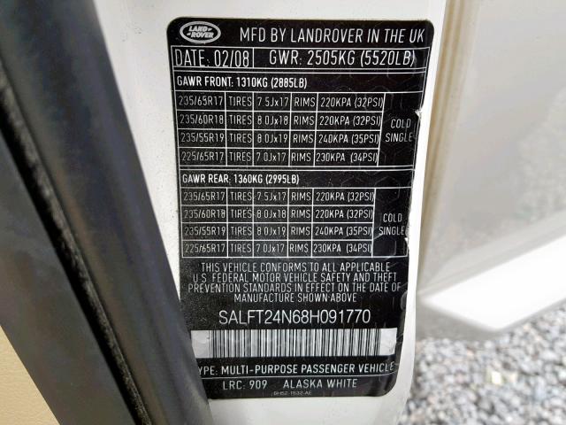 SALFT24N68H091770 - 2008 LAND ROVER LR2 HSE TE WHITE photo 10