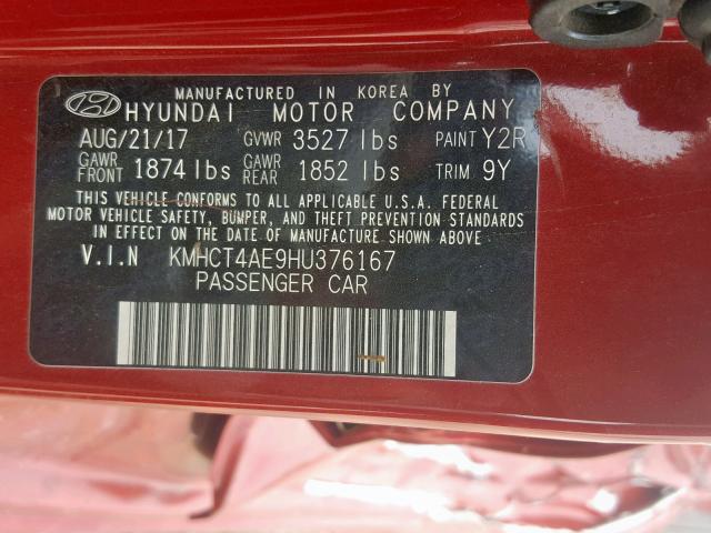 KMHCT4AE9HU376167 - 2017 HYUNDAI ACCENT SE RED photo 10