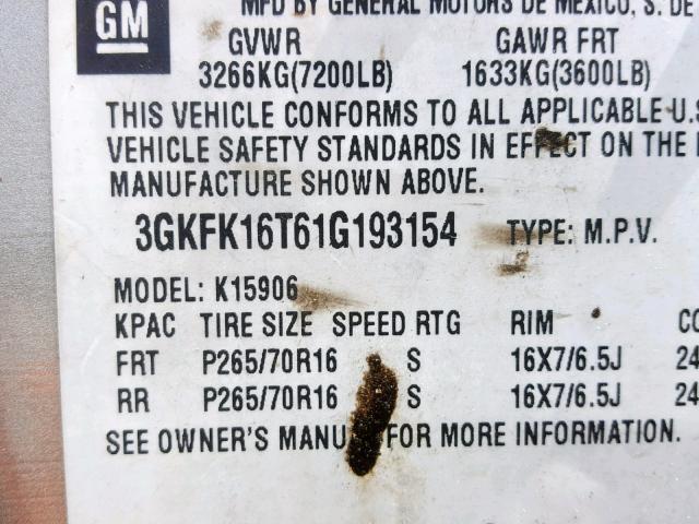 3GKFK16T61G193154 - 2001 GMC YUKON XL K GOLD photo 10