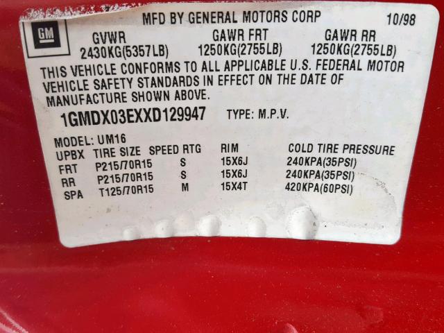 1GMDX03EXXD129947 - 1999 PONTIAC MONTANA / RED photo 10