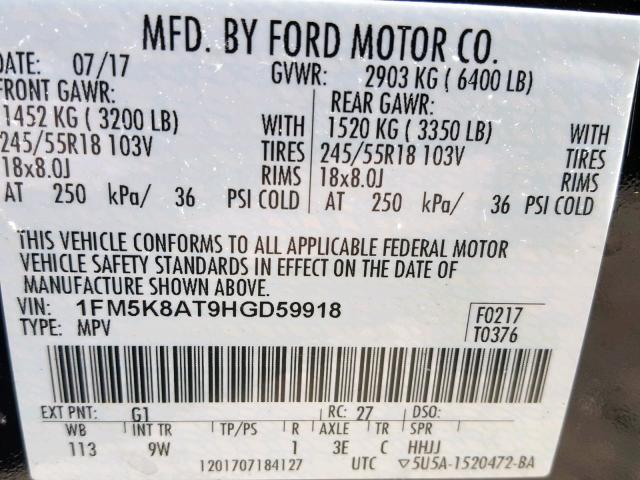 1FM5K8AT9HGD59918 - 2017 FORD EXPLORER P BLACK photo 10