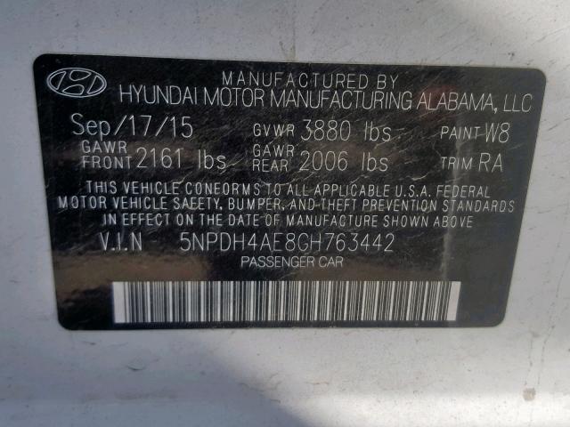 5NPDH4AE8GH763442 - 2016 HYUNDAI ELANTRA SE WHITE photo 10