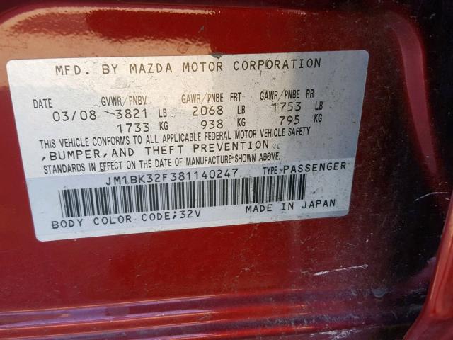 JM1BK32F381140247 - 2008 MAZDA 3 I RED photo 10