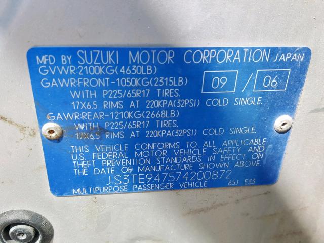 JS3TE947574200872 - 2007 SUZUKI GRAND VITA SILVER photo 10