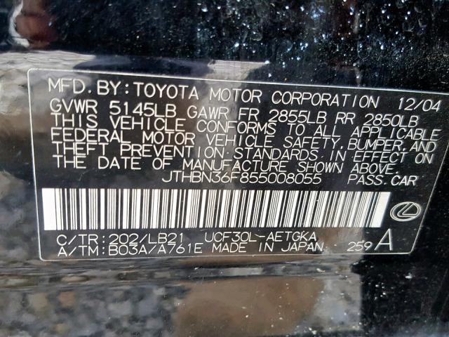 JTHBN36F855008055 - 2005 LEXUS LS 430 BLACK photo 10