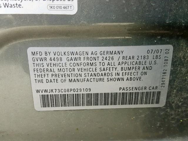 WVWJK73C08P029109 - 2008 VOLKSWAGEN PASSAT TUR GRAY photo 10