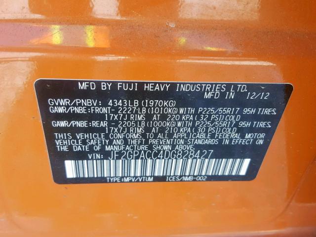 JF2GPACC4DG828427 - 2013 SUBARU XV CROSSTR ORANGE photo 10