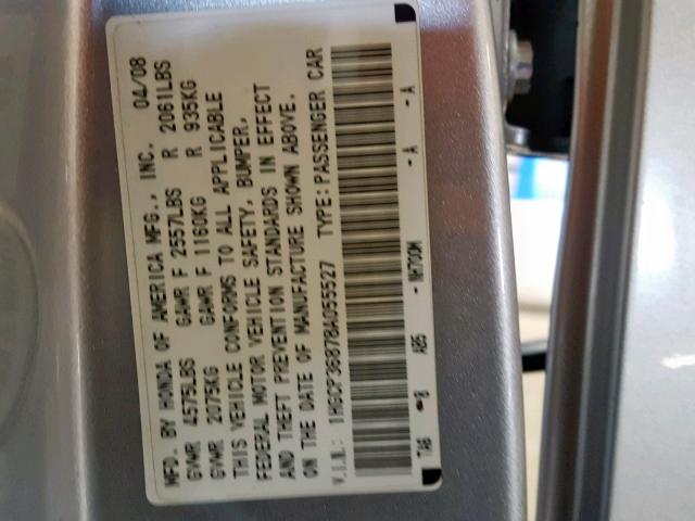 1HGCP36878A055527 - 2008 HONDA ACCORD EXL SILVER photo 10