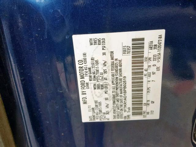 1FTKR1AD1BPB02519 - 2011 FORD RANGER BLUE photo 10